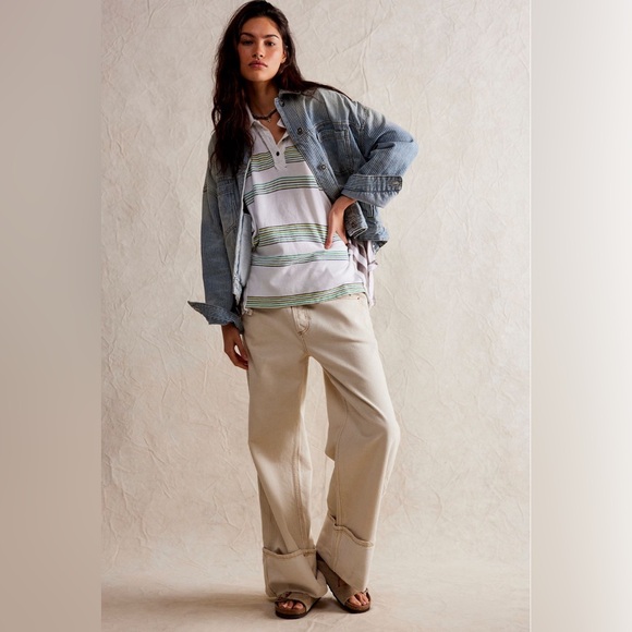 Free People We The Free Schools Out Polo Striped Oversized Button Top - Picture 2 of 6